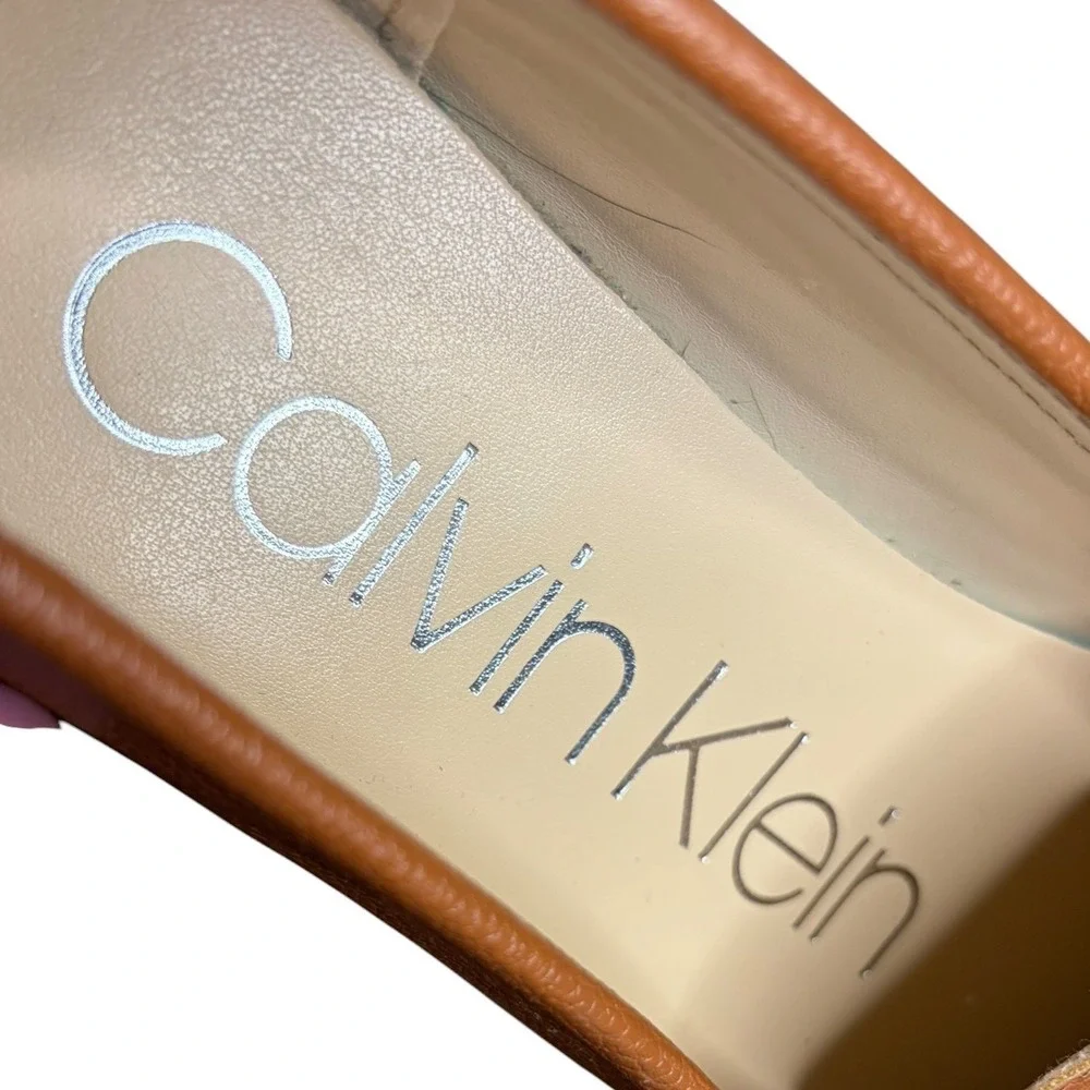 NWOB Calvin Klein Cognac Tan Kclayne L Loafers‎ Gold Buckle Women's Size 6.5M